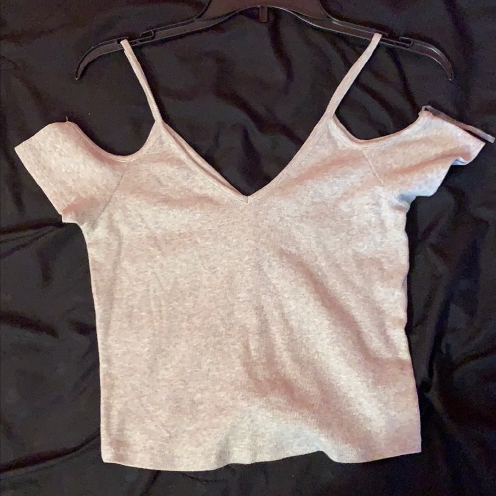 Gray Knitted Cut out Shoulder Crop Top